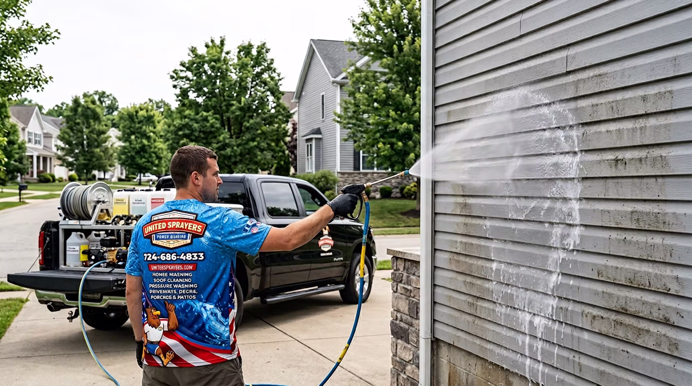 Professional softwashing technician from United Sprayers Power Wash soft washing a house.